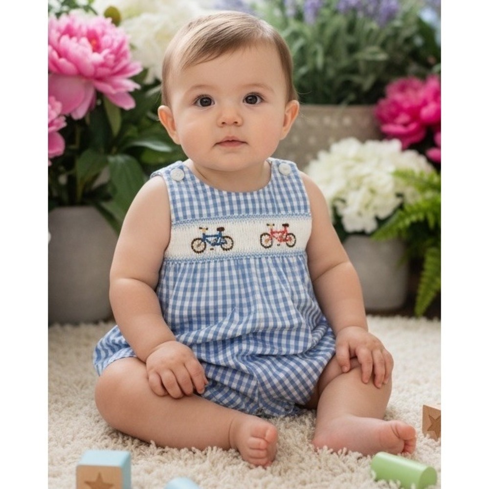 NWT Smocked Jon Jon Shortall Size 3 Months Baby Boy Bicycle Smocking NEW 3M Blue